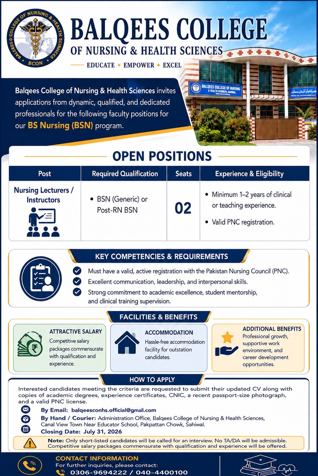 BCON faculty job posting — Nursing Lecturers/Instructors